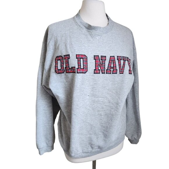 Vintage 90s Old Navy Logo Plaid Embroidered Pullover Sweatshirt‎ Size Large Gray - Picture 1 of 15